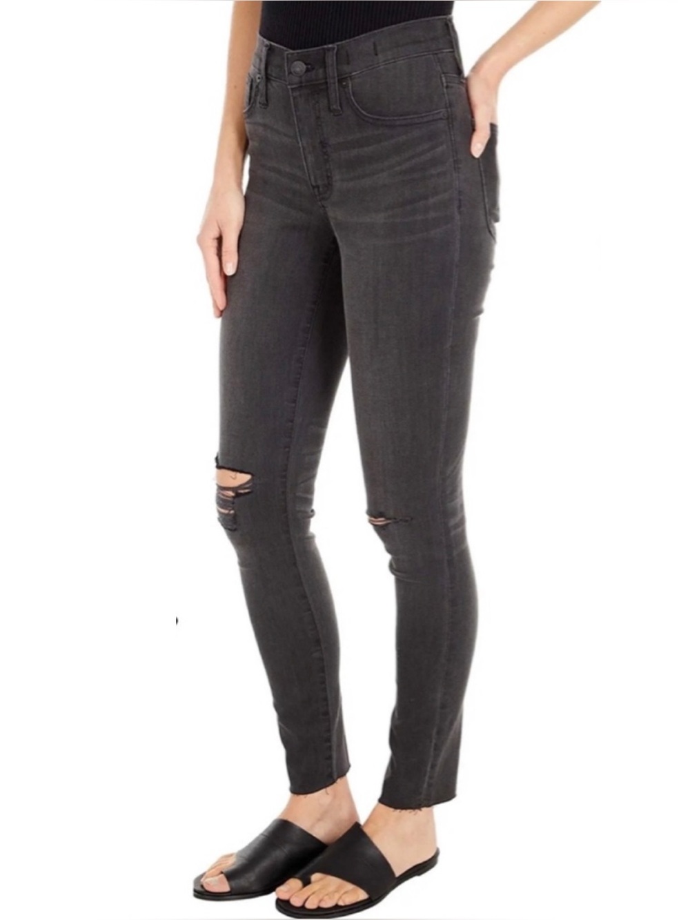 Madewell 9” High Rise Skinny Jeans Raw Hem Distressed Black Sea